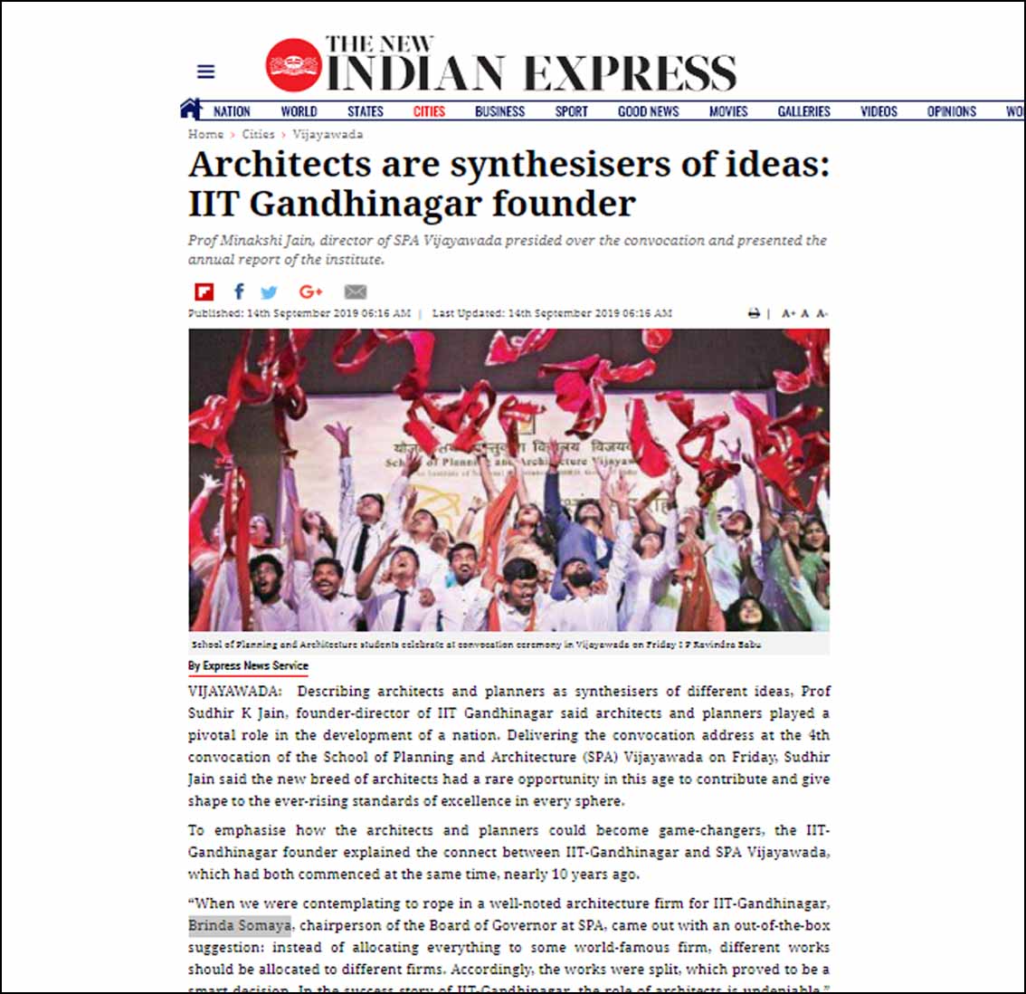 Architects are synthesisers of ideas IIT Gandhinagar founder, The New Indian Express- September 2019